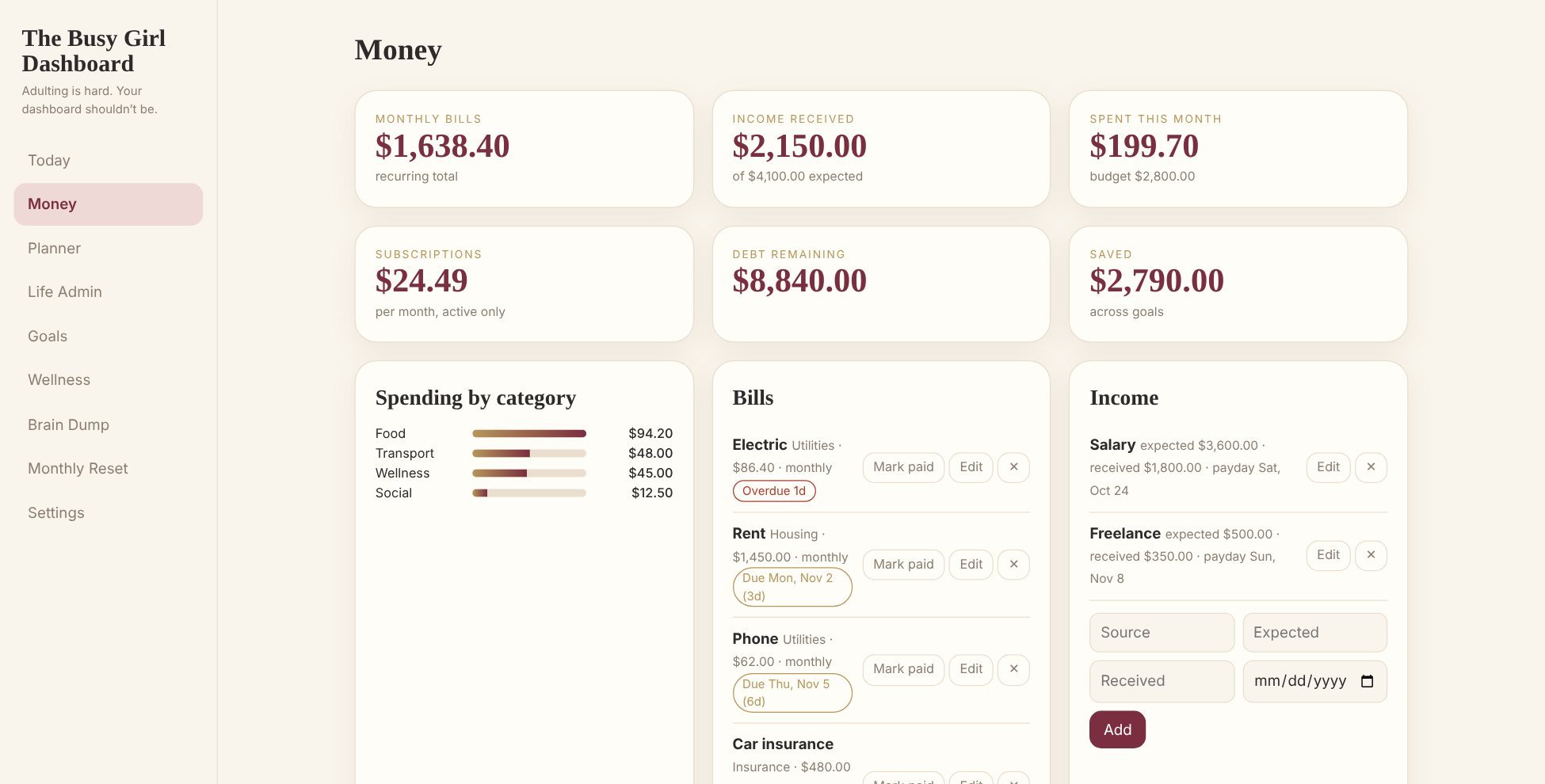 The Money screen, showing monthly bills, income received, spending by category, and a bills list with due dates.