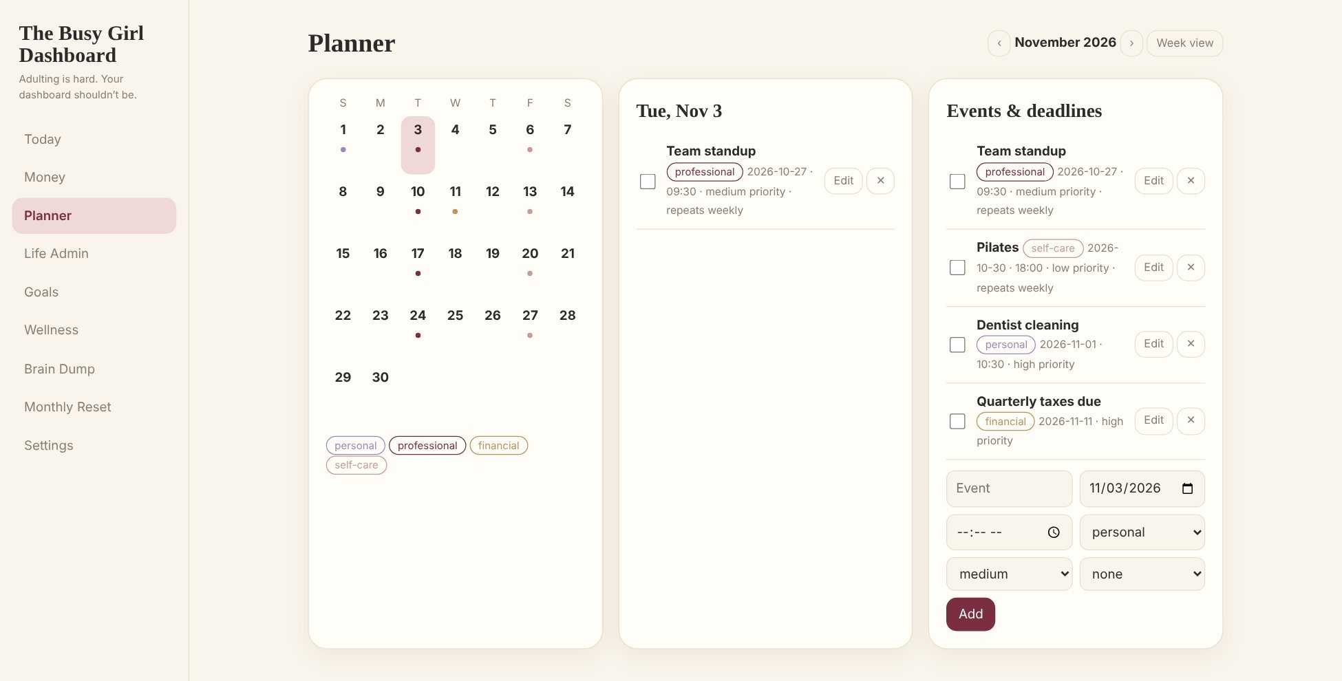 The Planner screen, showing a month calendar with color-coded events and a list of upcoming events.