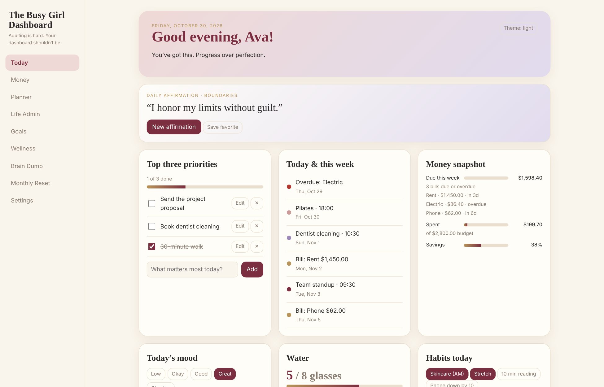 The Today screen of The Busy Girl Dashboard, showing a greeting, a daily affirmation, three priorities, the week's schedule, and a money snapshot.